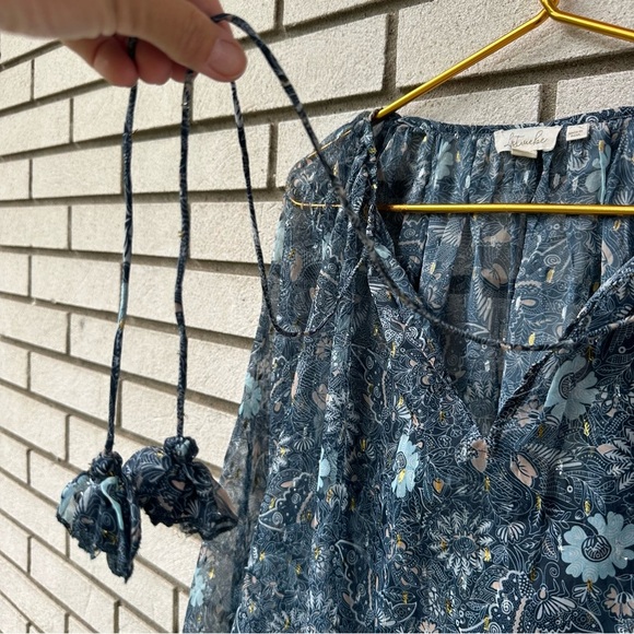 Anthropologie Let Me Be Blue Floral Sheer Chiffon Blouse M Puffed Sleeves Boho - Picture 7 of 14
